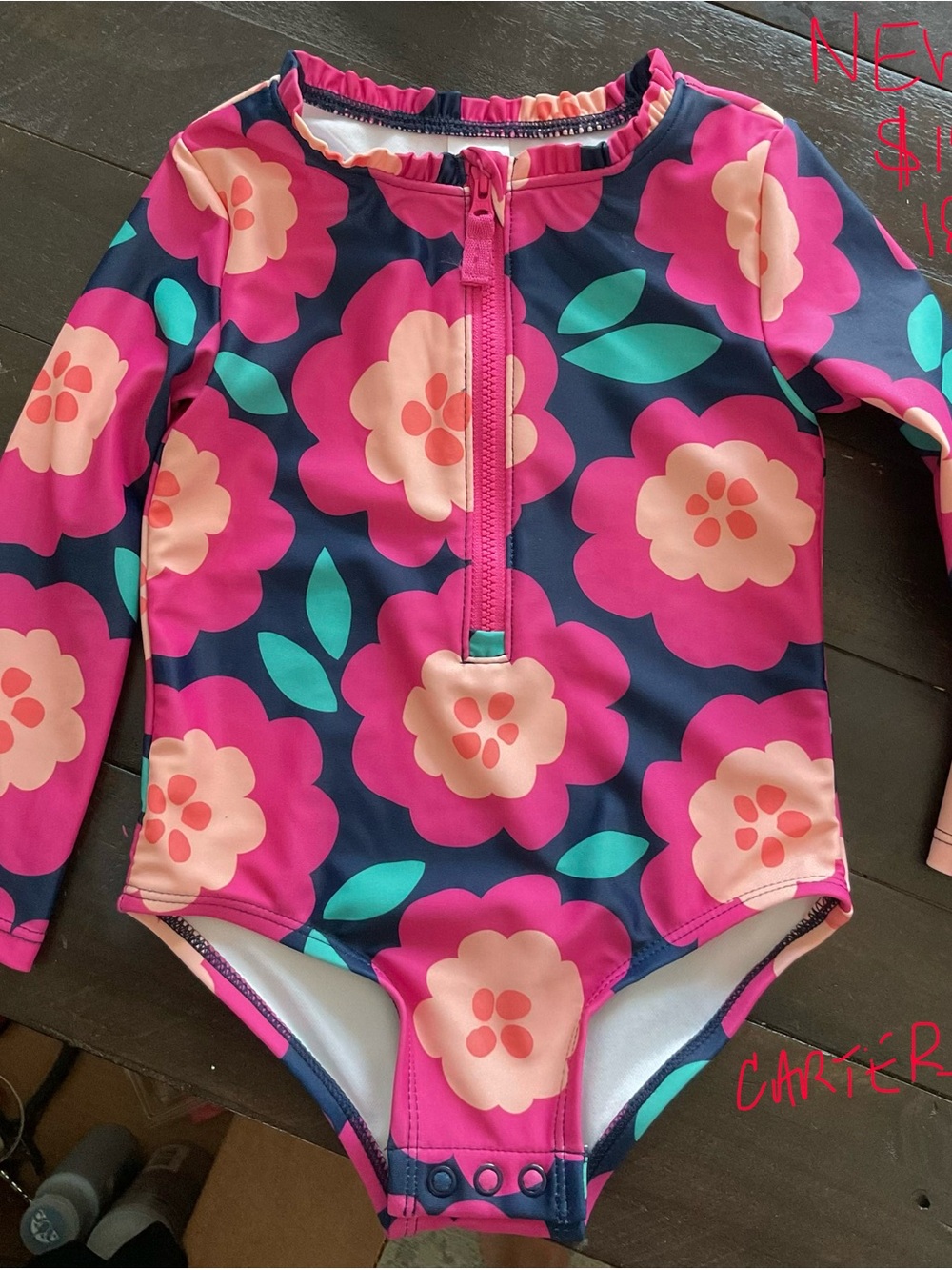 Carter's Navy Pink Floral Long-Sleeve One-Piece Swimsuit